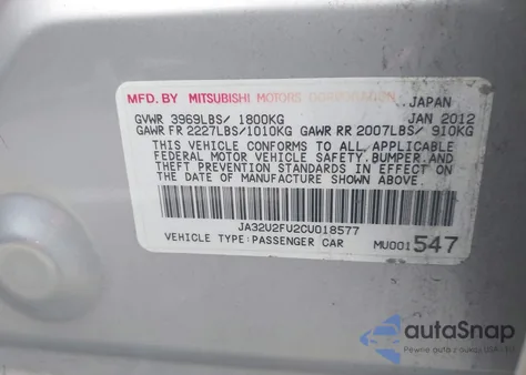 2012 Mitsubishi Lancer Es z USA, uszkodzony, nr VIN JA32U2FU2CU018577